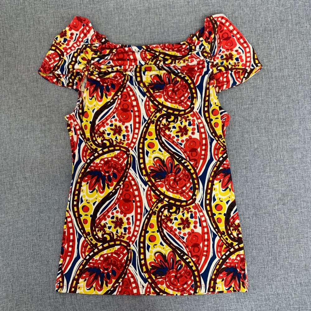 Nine West Blouse Cap Sleeve Scrunched Neckline Detail Red Yellow White Small